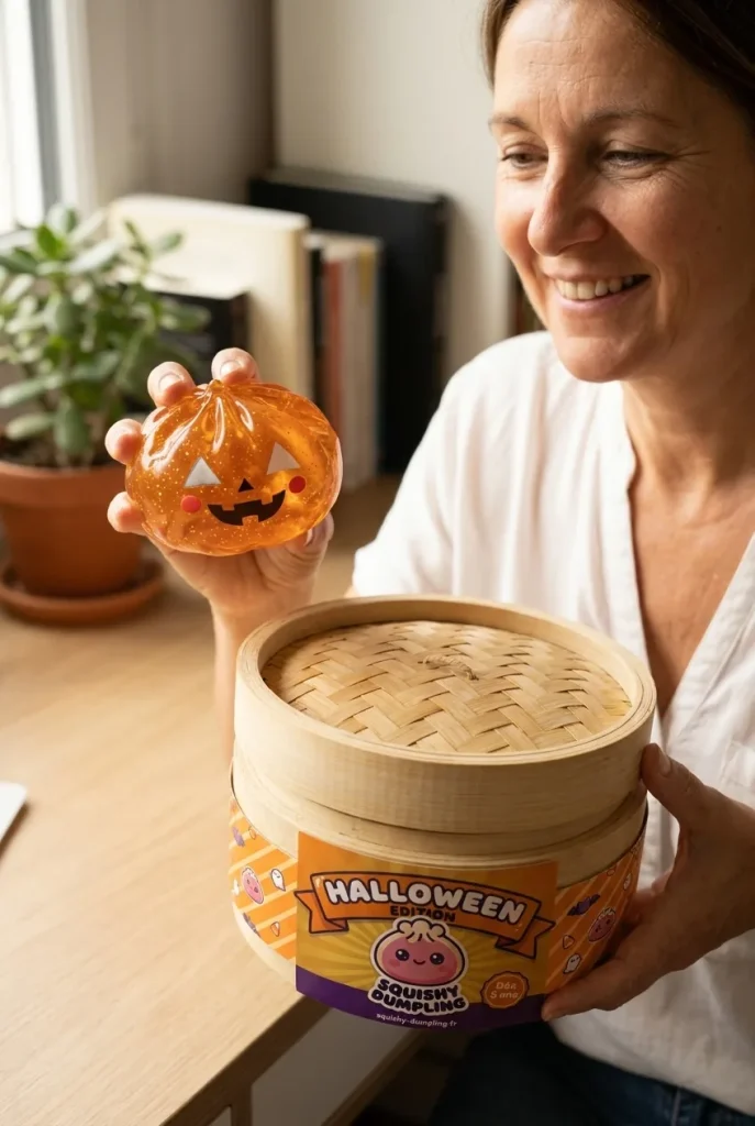 Squishy Dumpling Citrouille Halloween Lumineuse présenté avec sa boîte panier vapeur — photo client