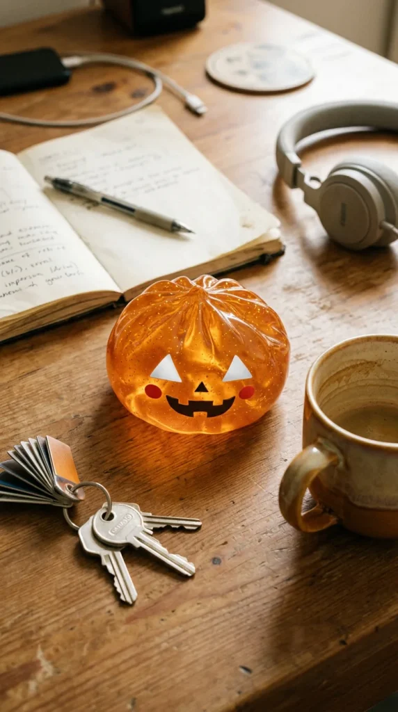 Squishy Dumpling Citrouille Halloween Lumineuse posé sur un bureau, dans le quotidien