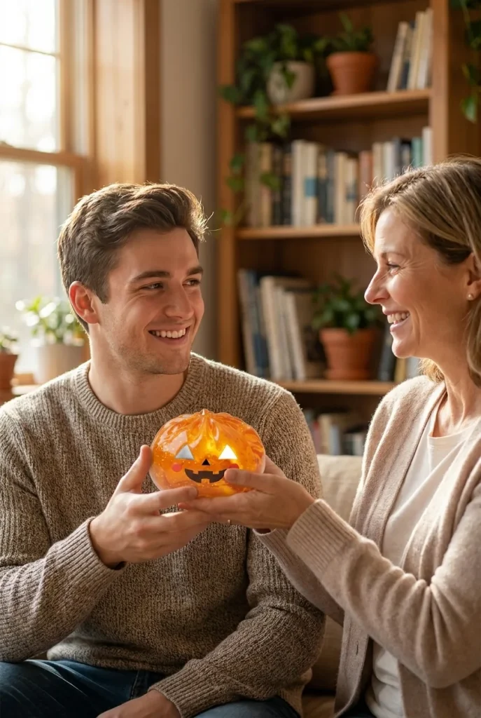 Squishy Dumpling Citrouille Halloween Lumineuse offert en cadeau entre deux personnes