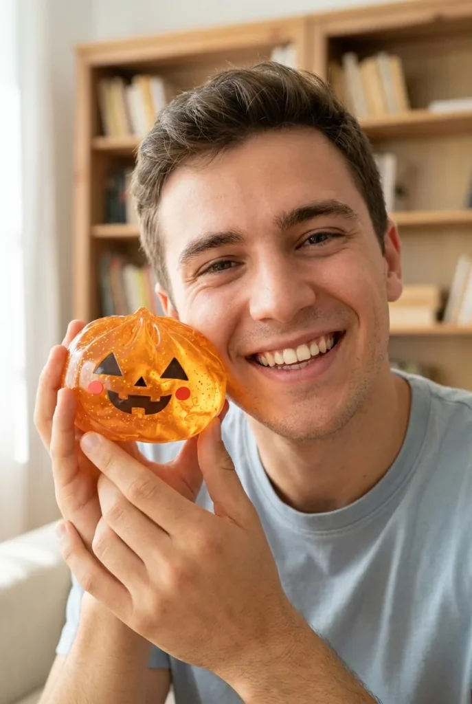 Squishy Dumpling Citrouille Halloween Lumineuse tenu près du visage — photo client