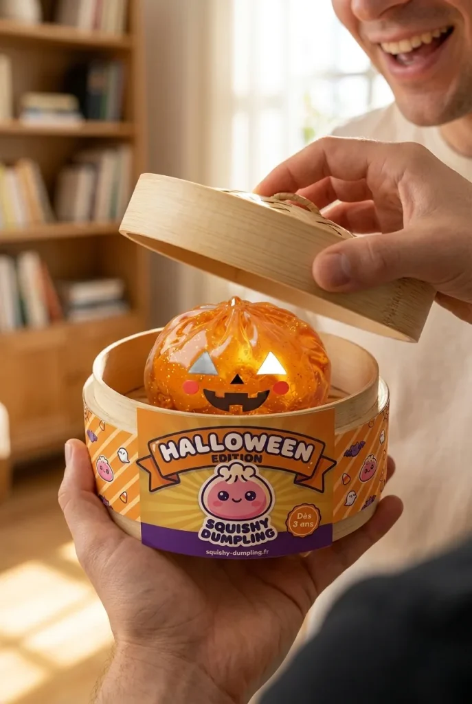 Déballage du Squishy Dumpling Citrouille Halloween Lumineuse — la boîte panier vapeur s'ouvre