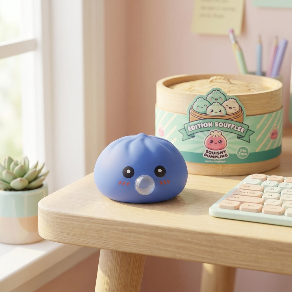 Dumpling Squishy Violet Gonflable Doux en ambiance sur un bureau