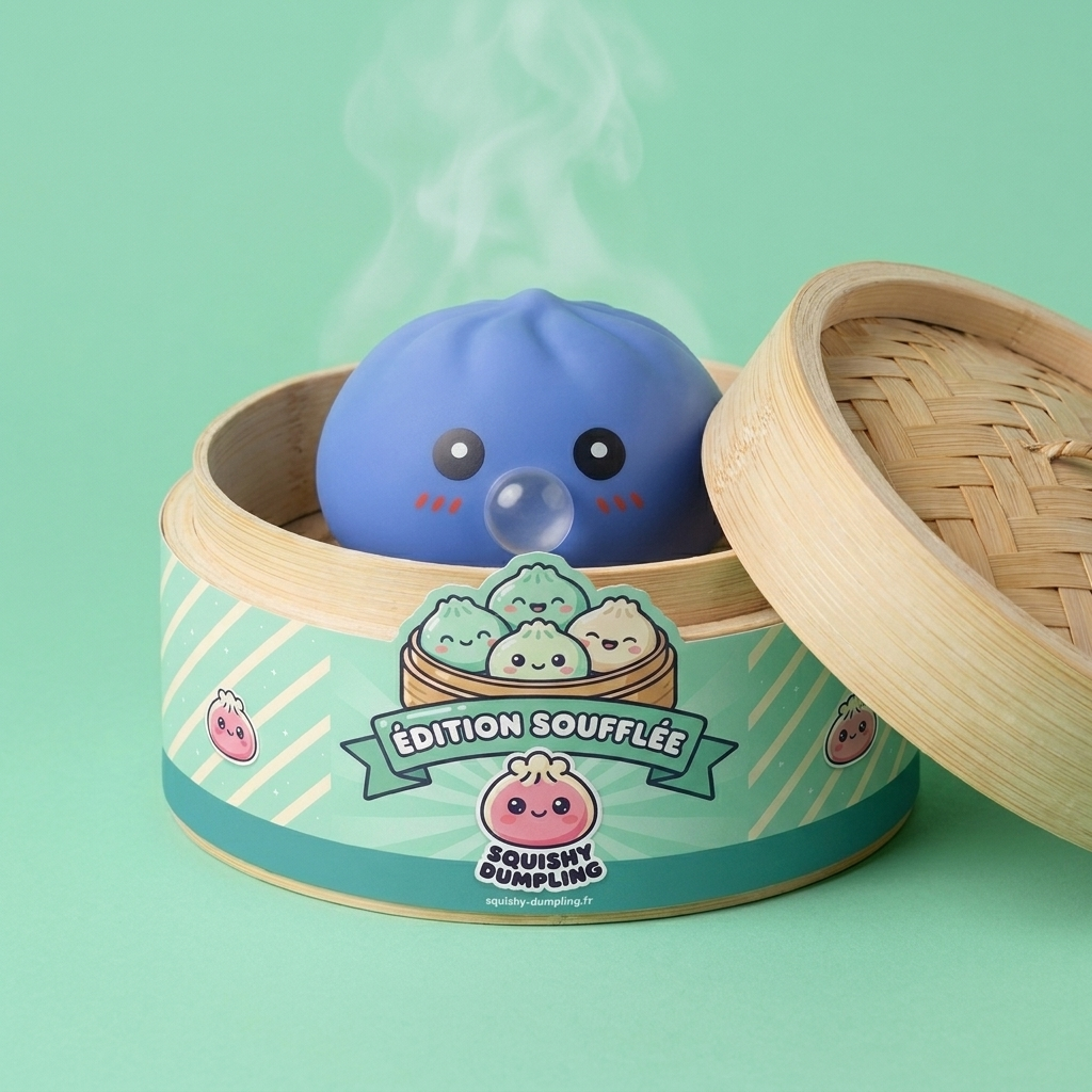 Dumpling Squishy Violet Gonflable Doux dans sa boîte panier vapeur bambou