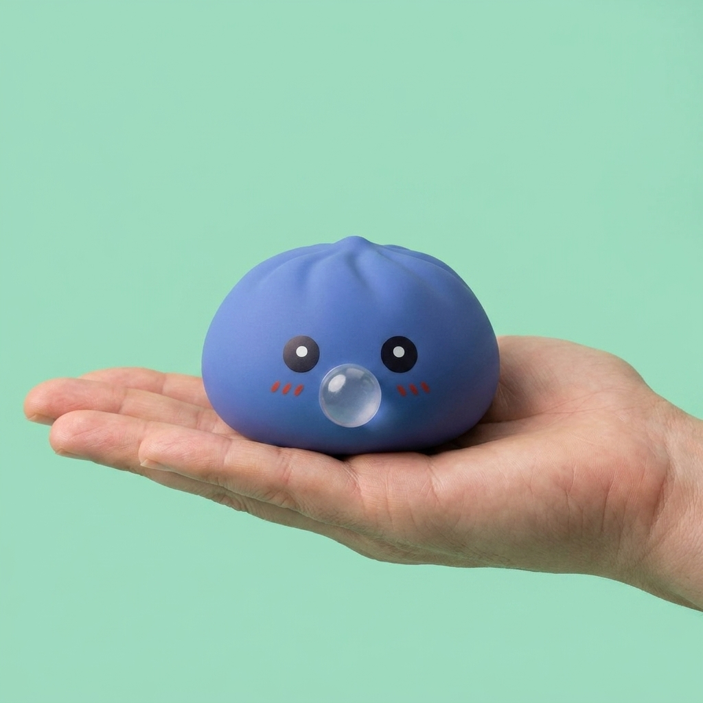 Dumpling Squishy Violet Gonflable Doux tenu en main, taille réelle