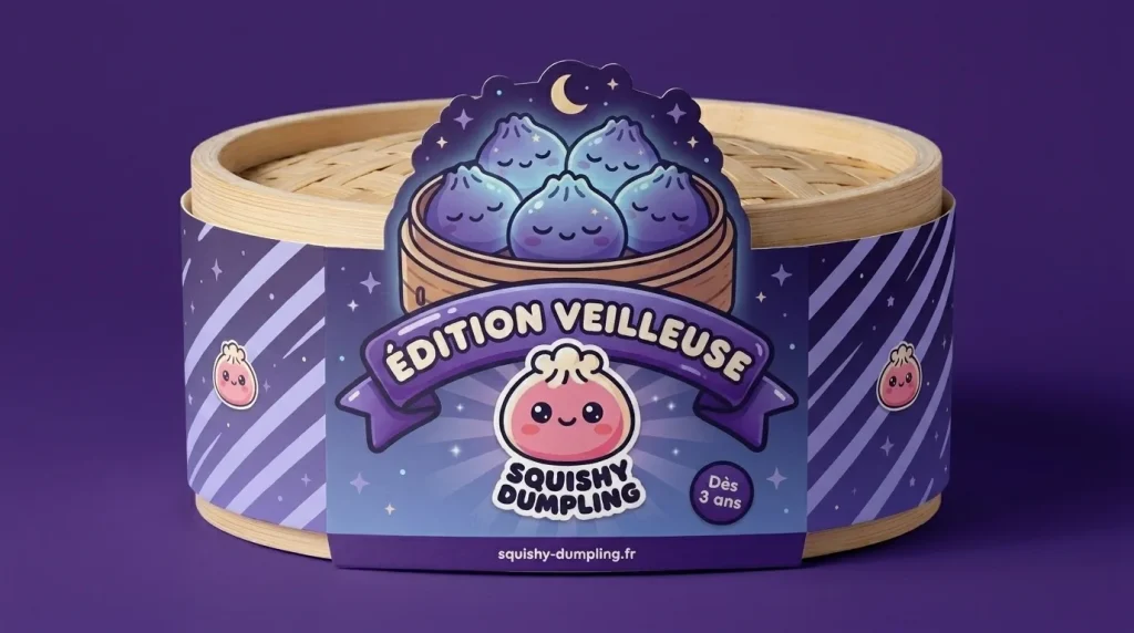Dumpling Squishy Violet Gonflable Doux tenu près d'un animal de compagnie curieux