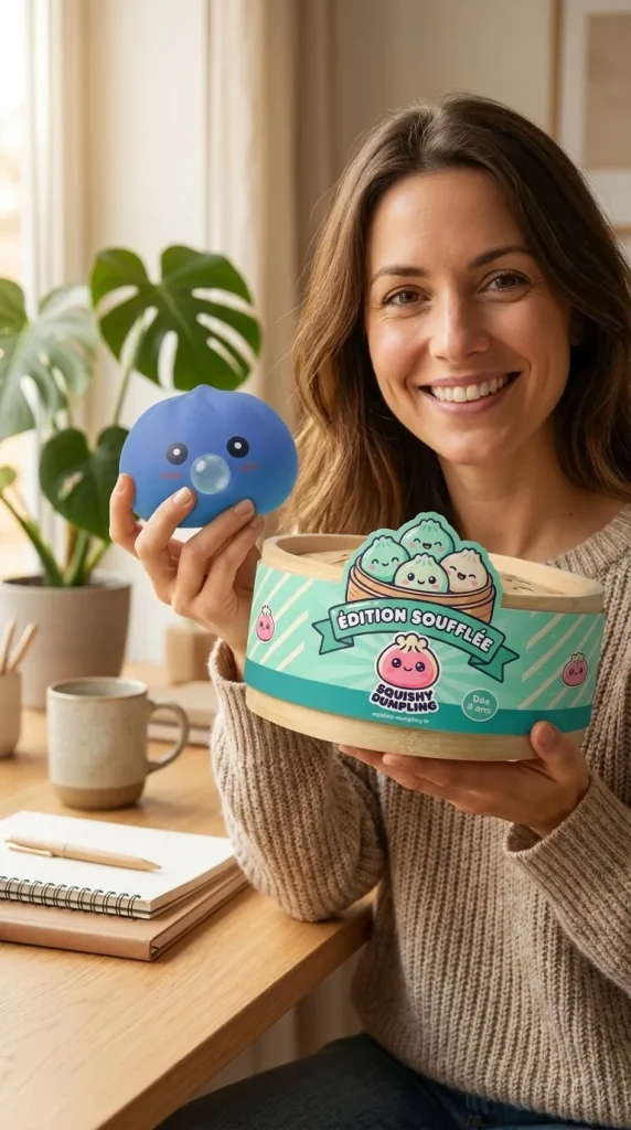 Dumpling Squishy Violet Gonflable Doux présenté avec sa boîte panier vapeur — photo client