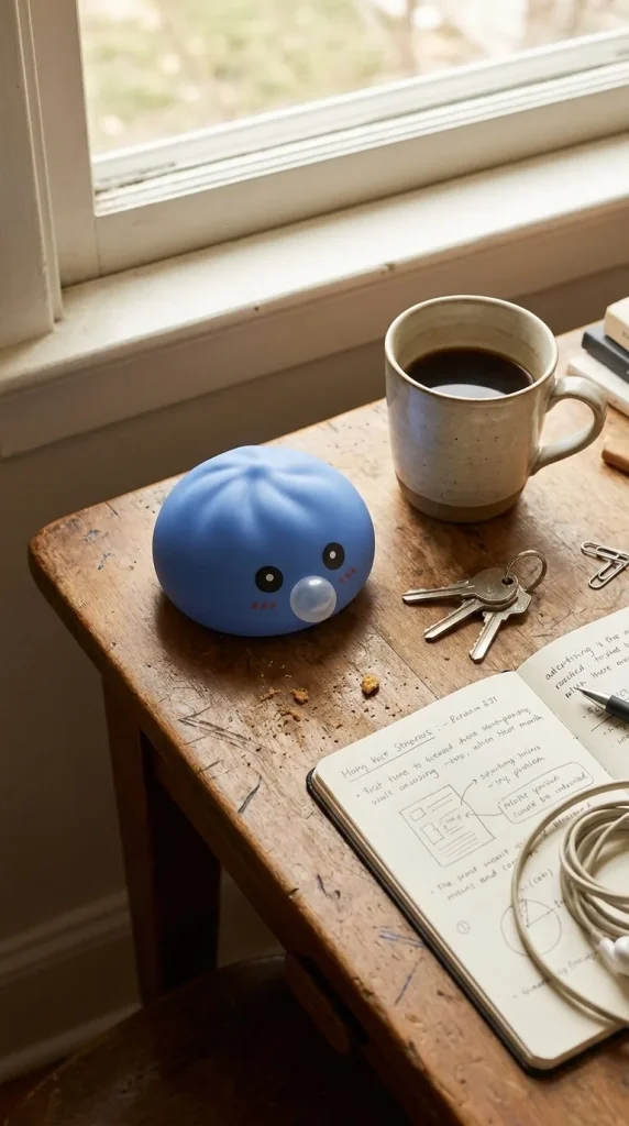 Dumpling Squishy Violet Gonflable Doux posé sur un bureau, dans le quotidien
