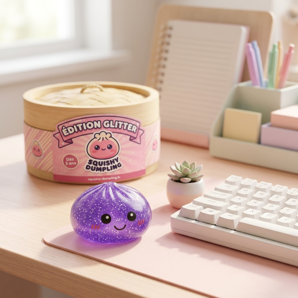 Glitter Dumpling Squishy Violet Rêveur en ambiance sur un bureau