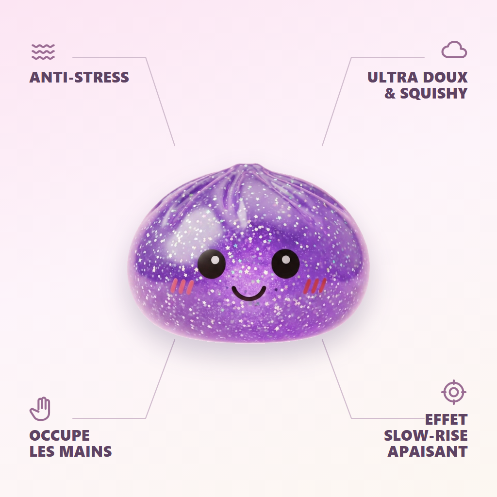 Glitter Dumpling Squishy Violet Rêveur — anti-stress, ultra doux, effet slow-rise