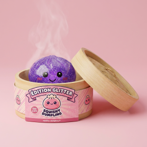 Glitter Dumpling Squishy Violet Rêveur dans sa boîte panier vapeur bambou