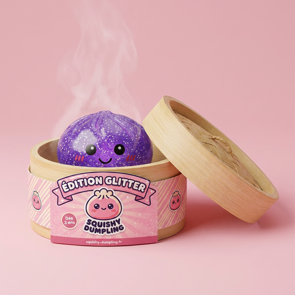 Glitter Dumpling Squishy Violet Rêveur dans sa boîte panier vapeur bambou