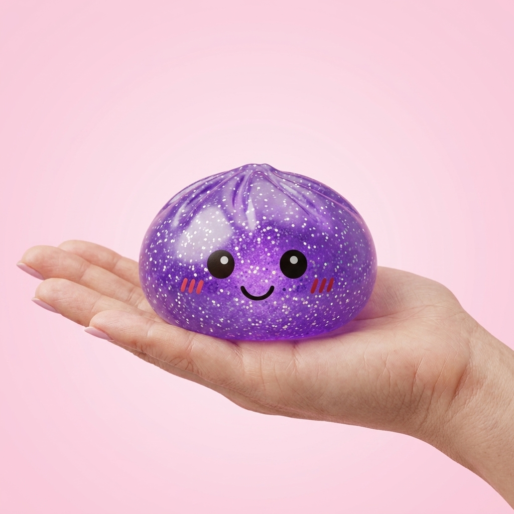 Glitter Dumpling Squishy Violet Rêveur tenu en main, taille réelle