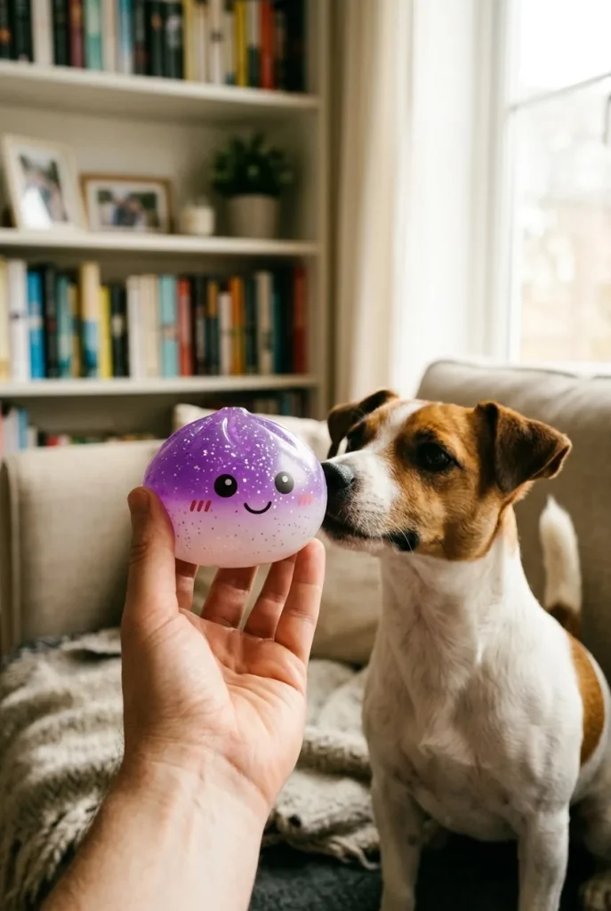 Glitter Dumpling Squishy Violet Rêveur tenu près d'un animal de compagnie curieux