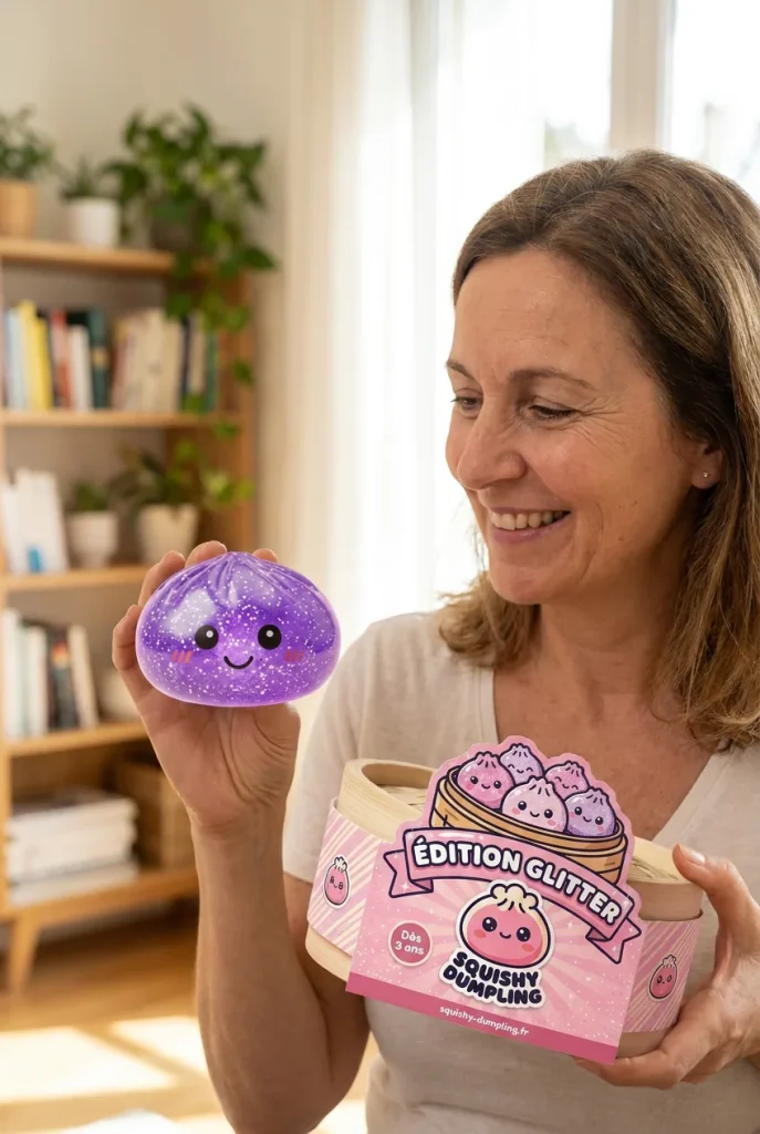 Glitter Dumpling Squishy Violet Rêveur présenté avec sa boîte panier vapeur — photo client