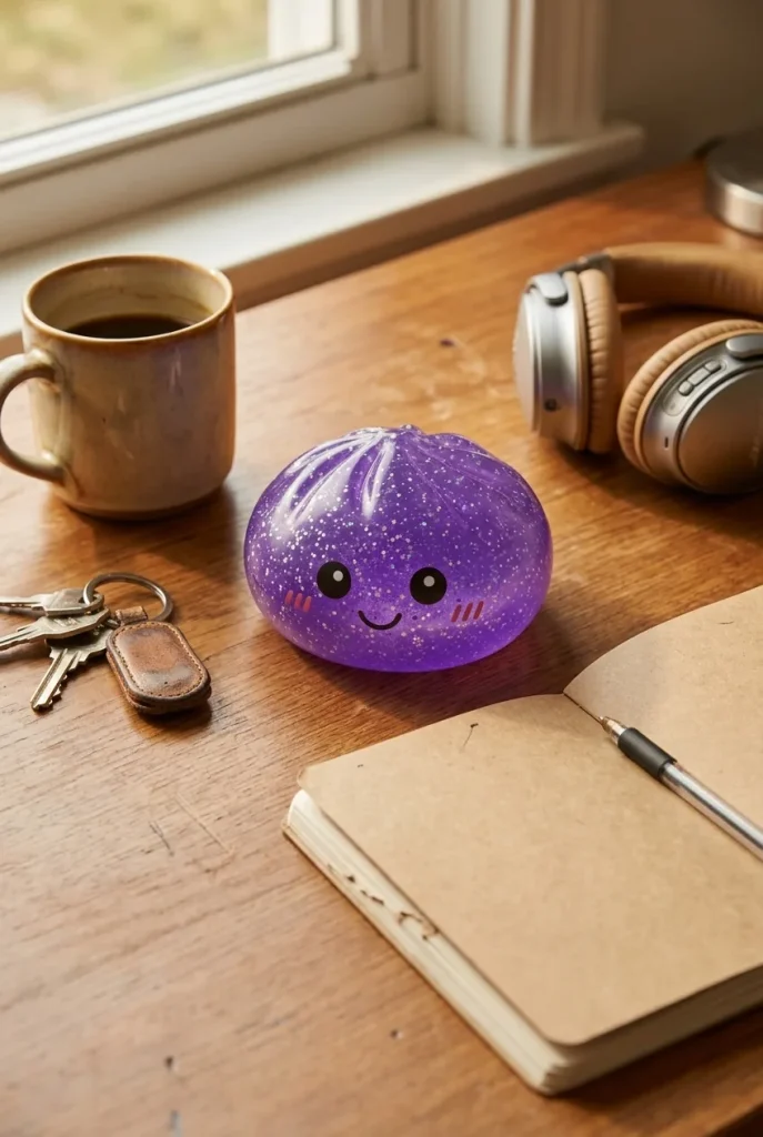 Glitter Dumpling Squishy Violet Rêveur posé sur un bureau, dans le quotidien