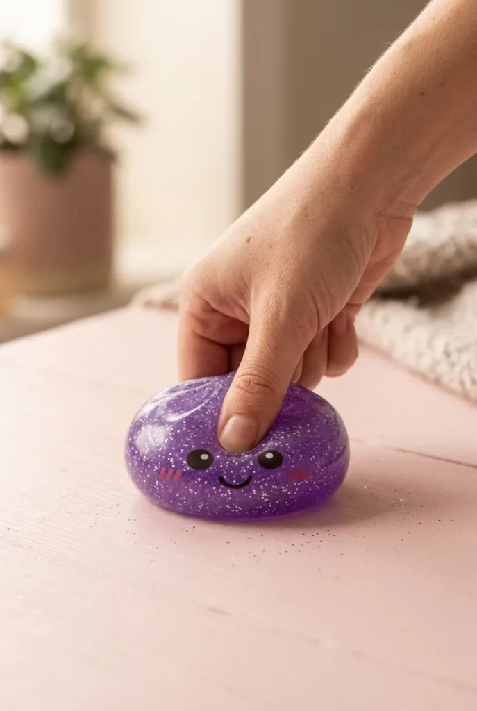 Glitter Dumpling Squishy Violet Rêveur pressé dans la main — effet squishy slow-rise