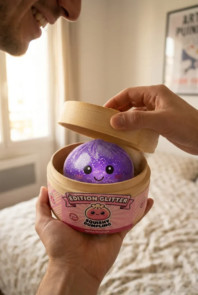 Déballage du Glitter Dumpling Squishy Violet Rêveur — la boîte panier vapeur s'ouvre