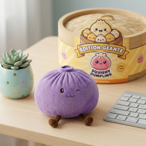 Dumpling Squishy Géant Violet en ambiance sur un bureau