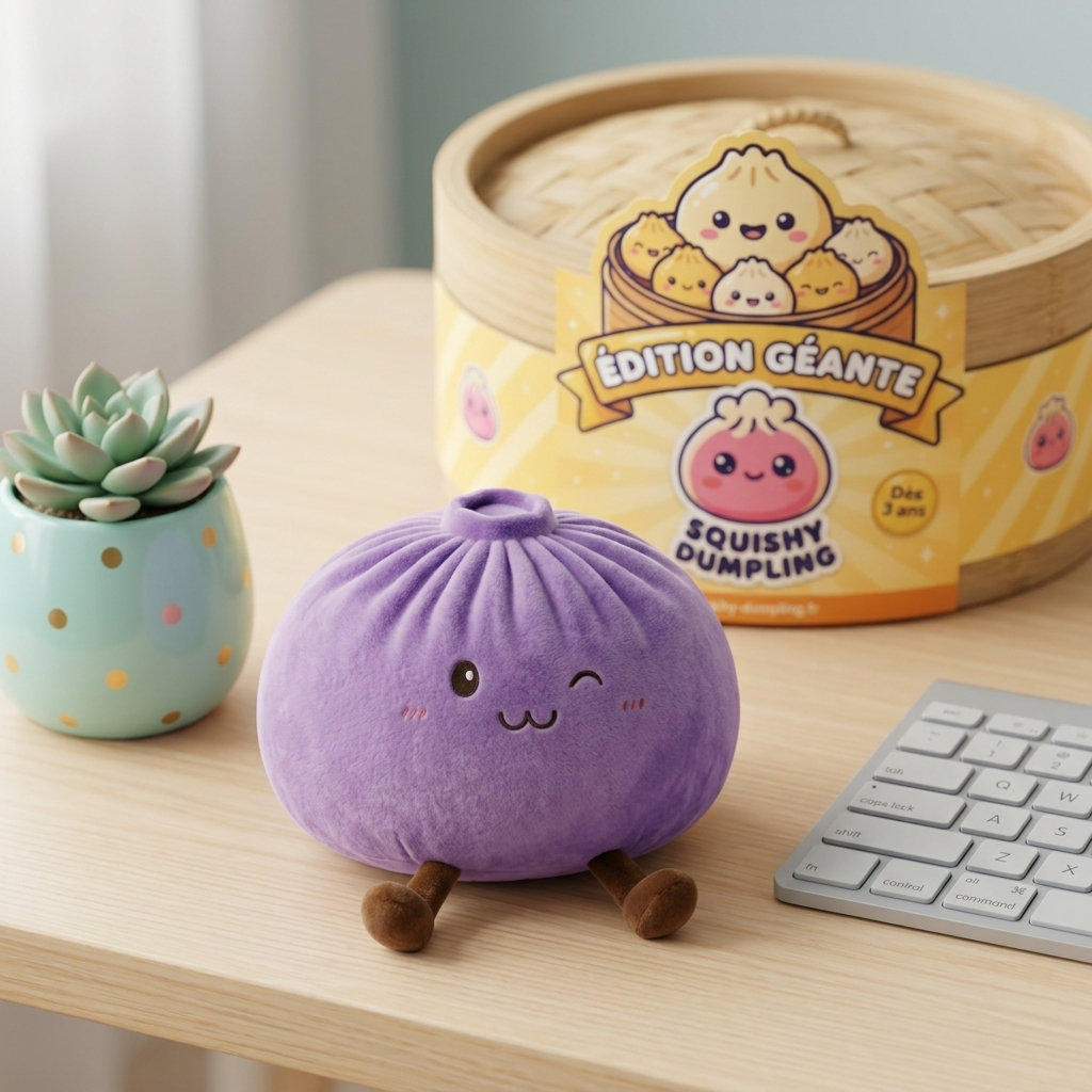 Dumpling Squishy Géant Violet en ambiance sur un bureau