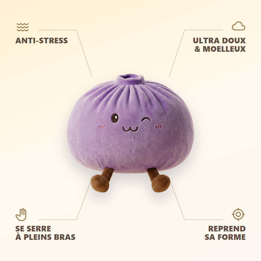 Dumpling Squishy Géant Violet — anti-stress, ultra doux et moelleux