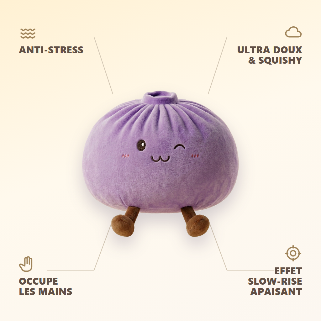 Dumpling Squishy Géant Violet — anti-stress, ultra doux, effet slow-rise