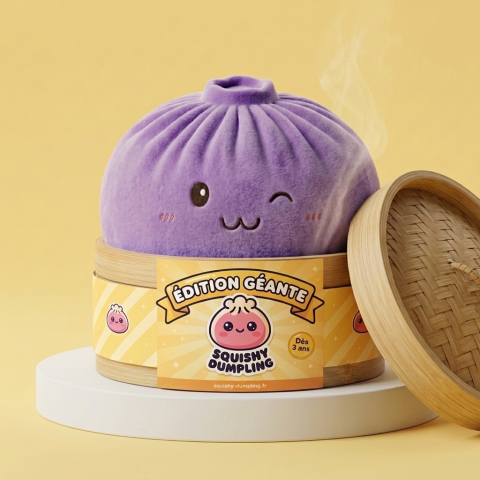 Dumpling Squishy Géant Violet dans sa boîte panier vapeur bambou