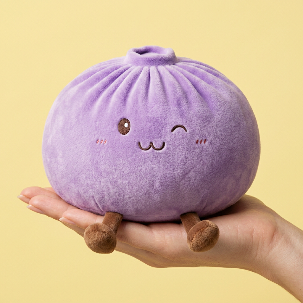 Dumpling Squishy Géant Violet tenu en main, taille réelle