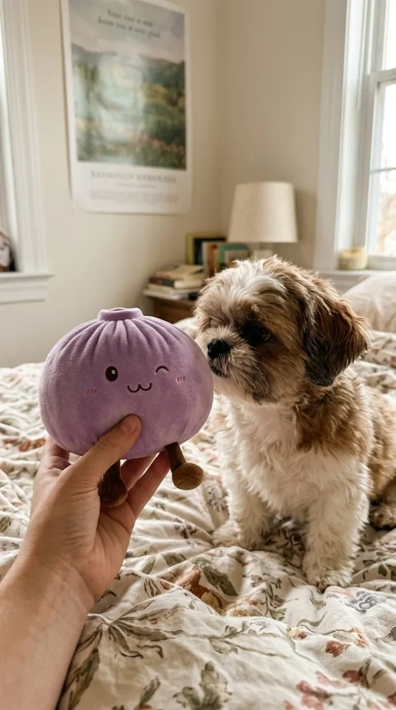 Dumpling Squishy Géant Violet tenu près d'un animal de compagnie curieux
