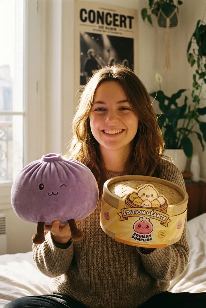 Dumpling Squishy Géant Violet présenté avec sa boîte panier vapeur — photo client