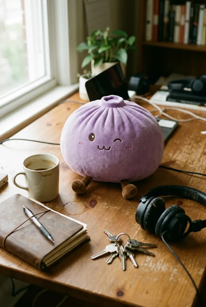 Dumpling Squishy Géant Violet posé sur un bureau, dans le quotidien