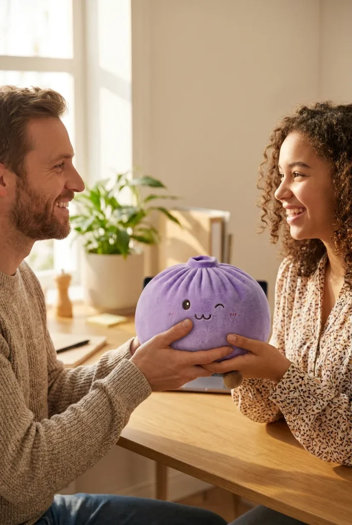 Dumpling Squishy Géant Violet offert en cadeau entre deux personnes