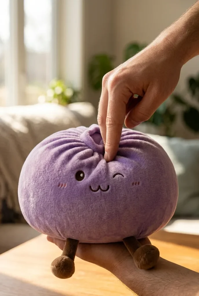 Dumpling Squishy Géant Violet pressé dans la main — effet squishy slow-rise