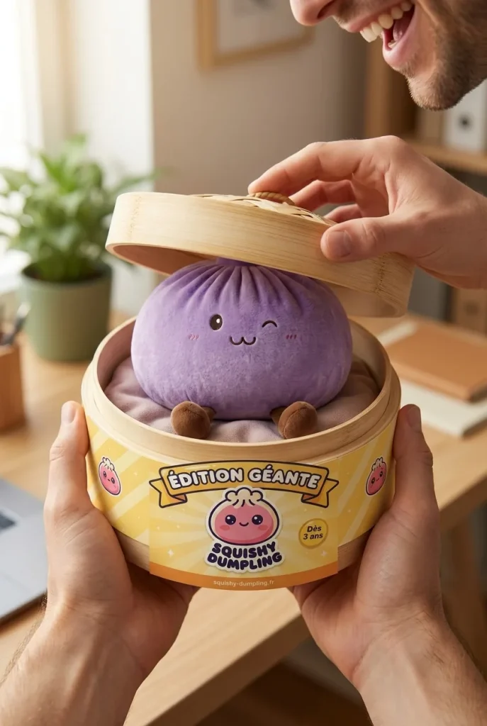 Déballage du Dumpling Squishy Géant Violet — la boîte panier vapeur s'ouvre
