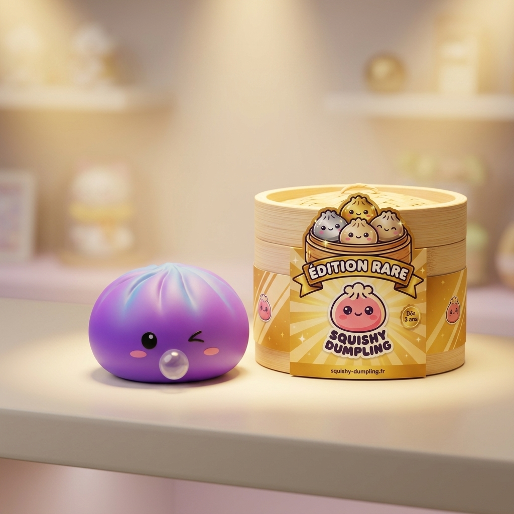 Dumpling Squishy Cosmic Purple Rare Blow en ambiance sur un bureau