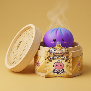 Dumpling Squishy Cosmic Purple Rare Blow dans sa boîte panier vapeur façon bambou