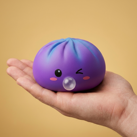 Dumpling Squishy Cosmic Purple Rare Blow tenu en main, taille réelle