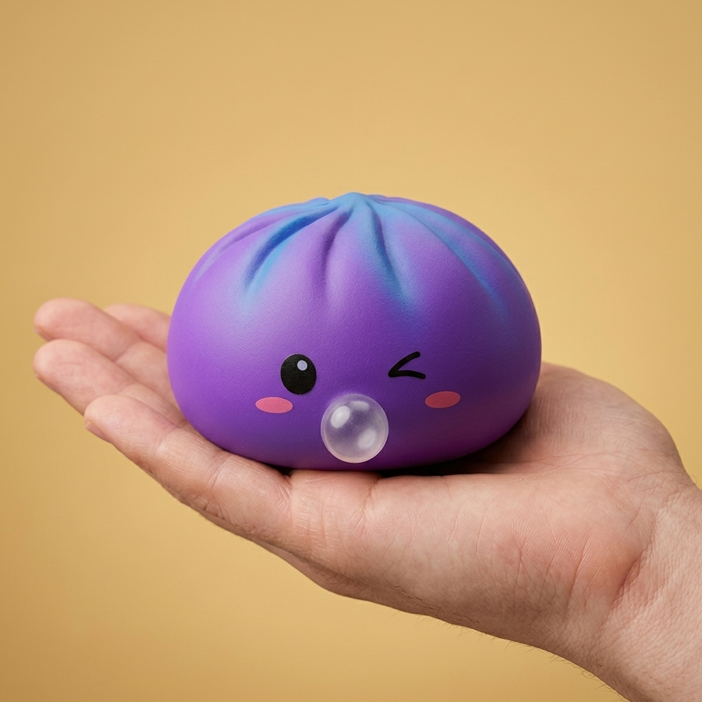 Dumpling Squishy Cosmic Purple Rare Blow tenu en main, taille réelle