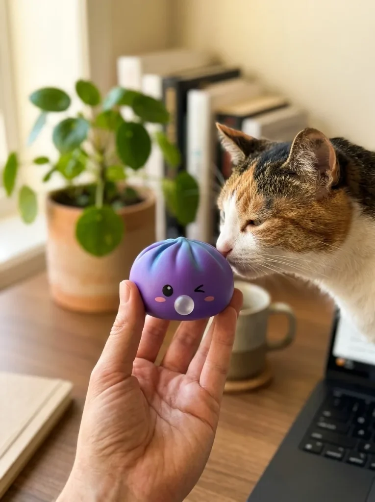 Dumpling Squishy Cosmic Purple Rare Blow tenu près d'un animal de compagnie curieux