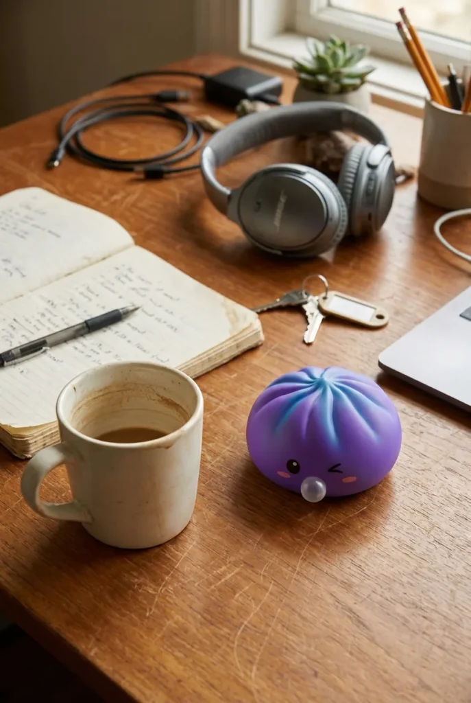Dumpling Squishy Cosmic Purple Rare Blow posé sur un bureau, dans le quotidien