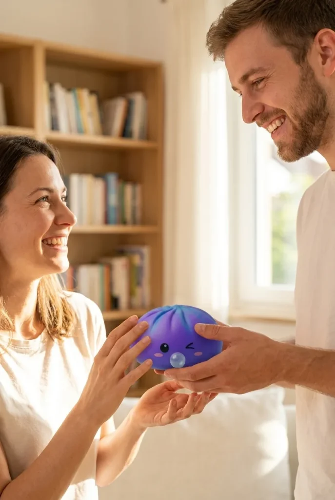 Dumpling Squishy Cosmic Purple Rare Blow offert en cadeau entre deux personnes