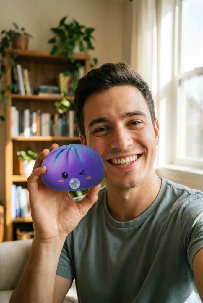 Dumpling Squishy Cosmic Purple Rare Blow tenu près du visage — photo client