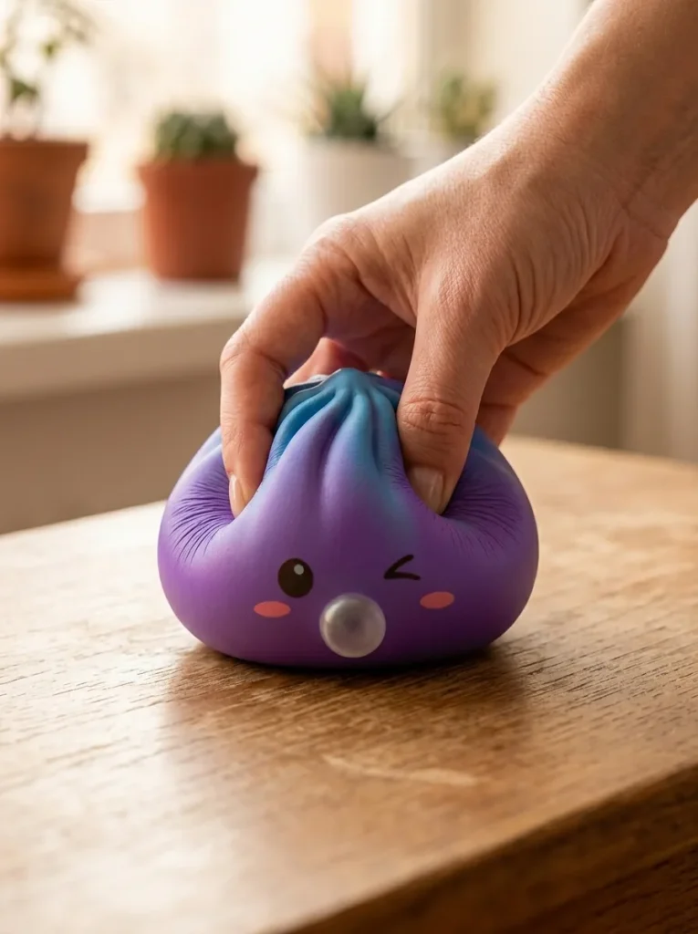 Dumpling Squishy Cosmic Purple Rare Blow pressé dans la main — effet squishy slow-rise