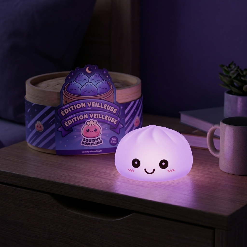 Veilleuse Dumpling Squishy Violette Douce en ambiance sur un bureau