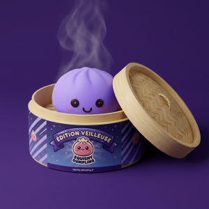 Veilleuse Dumpling Squishy Violette Douce dans sa boîte panier vapeur bambou