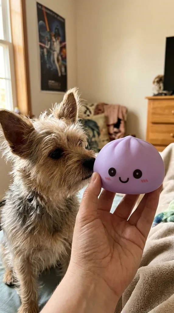 Veilleuse Dumpling Squishy Violette Douce tenu près d'un animal de compagnie curieux