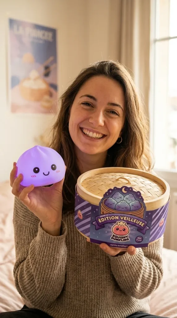 Veilleuse Dumpling Squishy Violette Douce présenté avec sa boîte panier vapeur — photo client