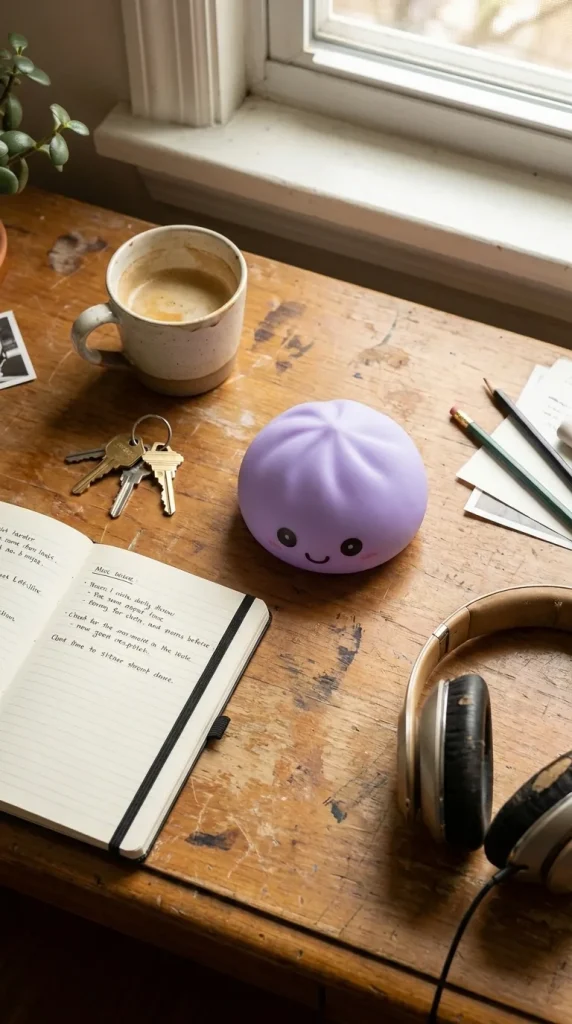 Veilleuse Dumpling Squishy Violette Douce posé sur un bureau, dans le quotidien