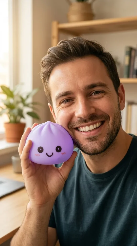 Veilleuse Dumpling Squishy Violette Douce tenu près du visage — photo client