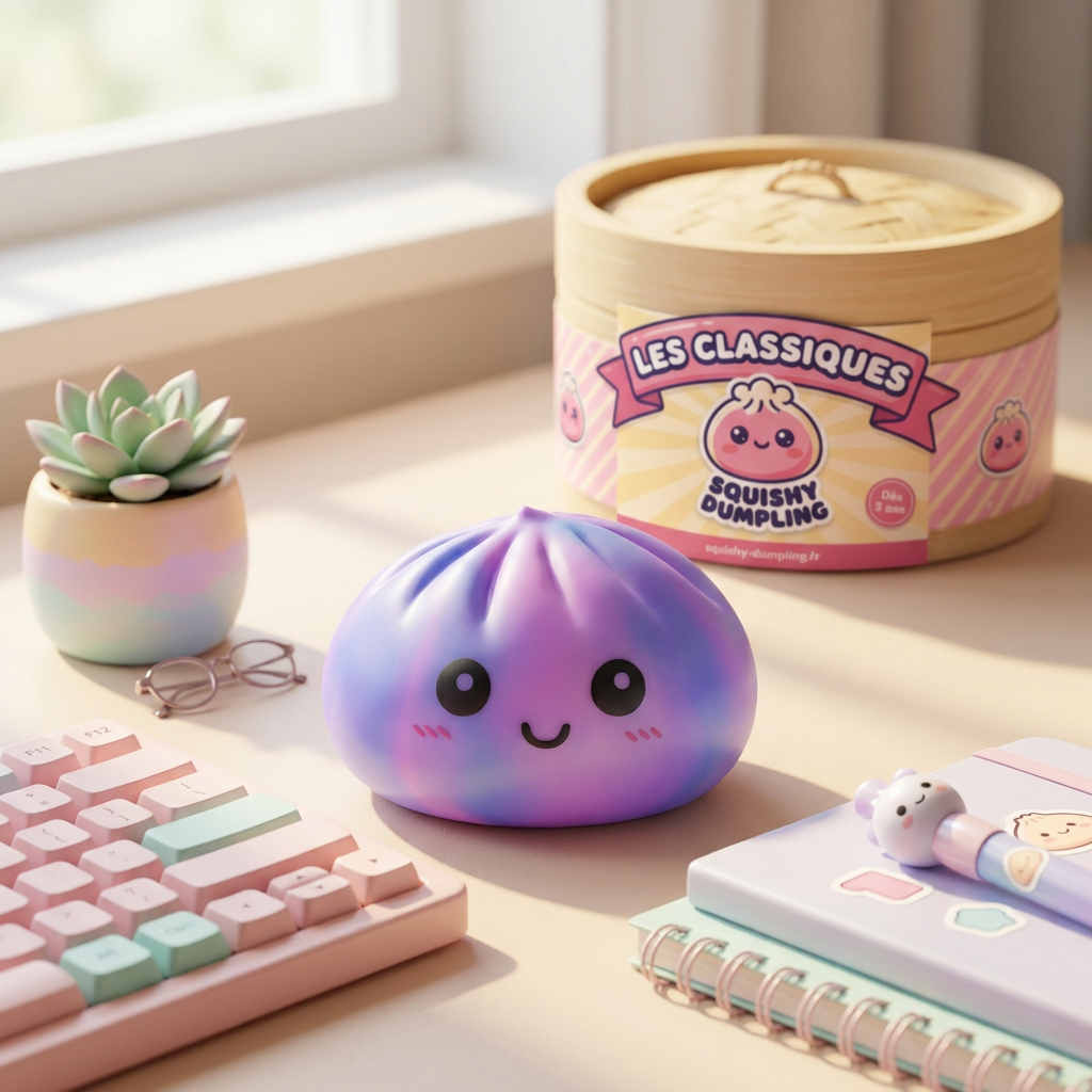 Squishy Dumpling Violet Tie-Dye en ambiance sur un bureau