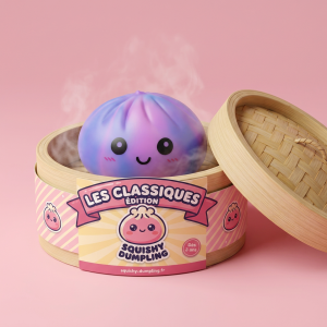 Squishy Dumpling Violet Tie-Dye dans sa boîte panier vapeur façon bambou